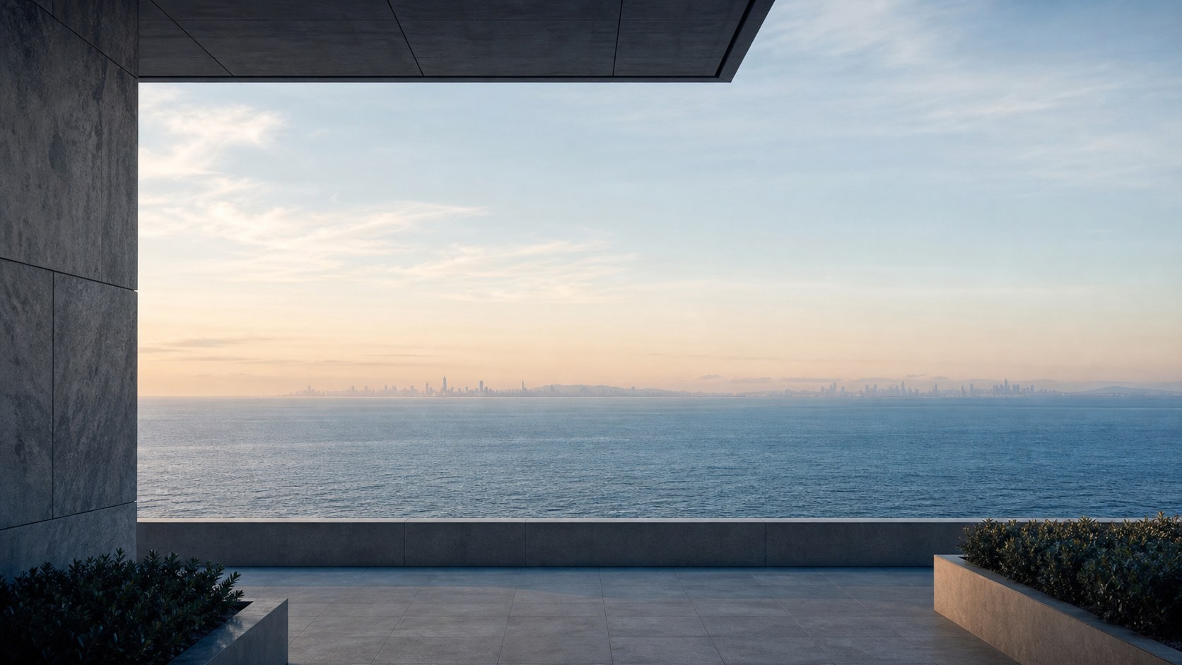Open ocean horizon framed by contemporary architecture