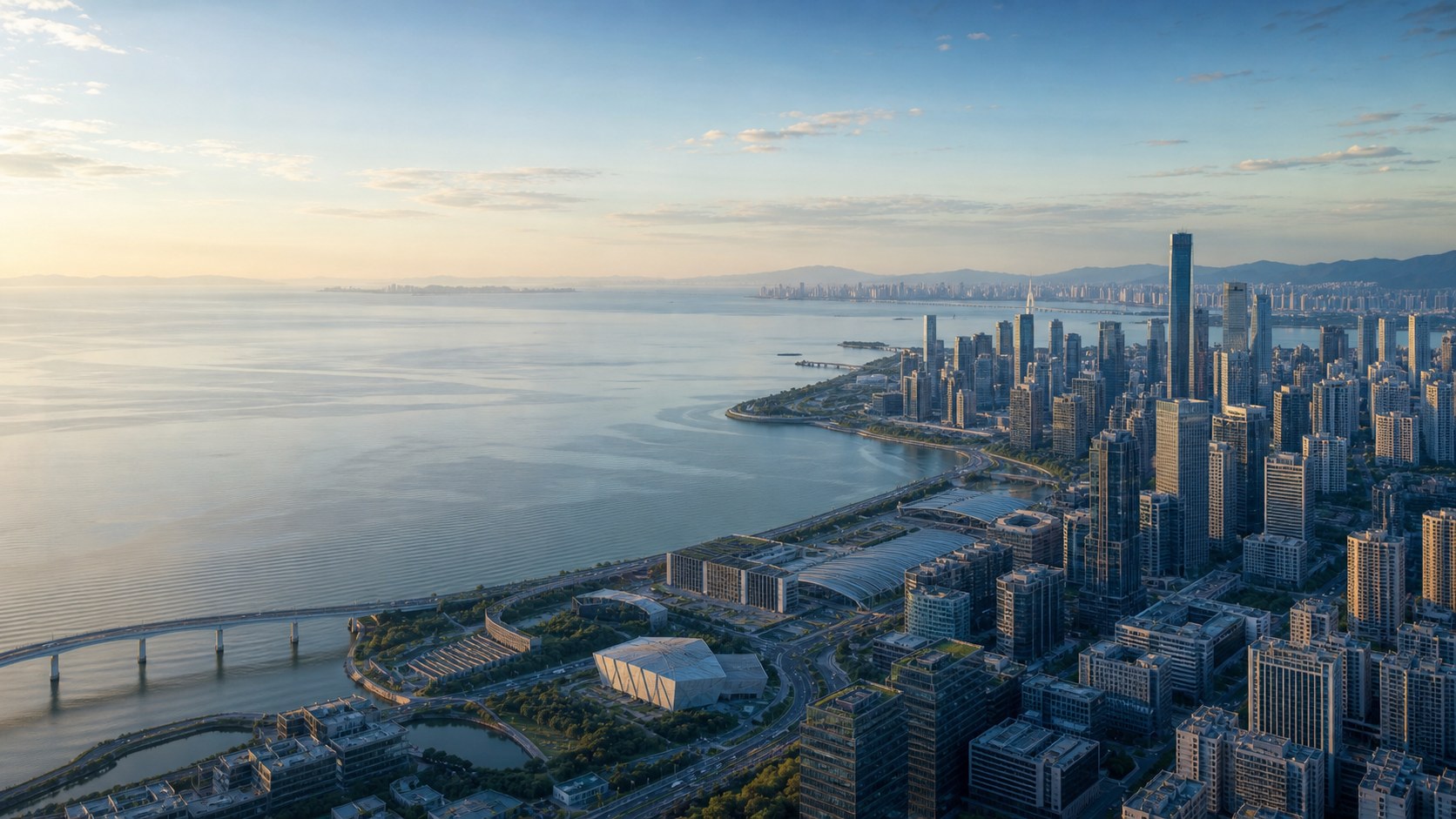 Expansive coastal business city representing innovation and global connectivity